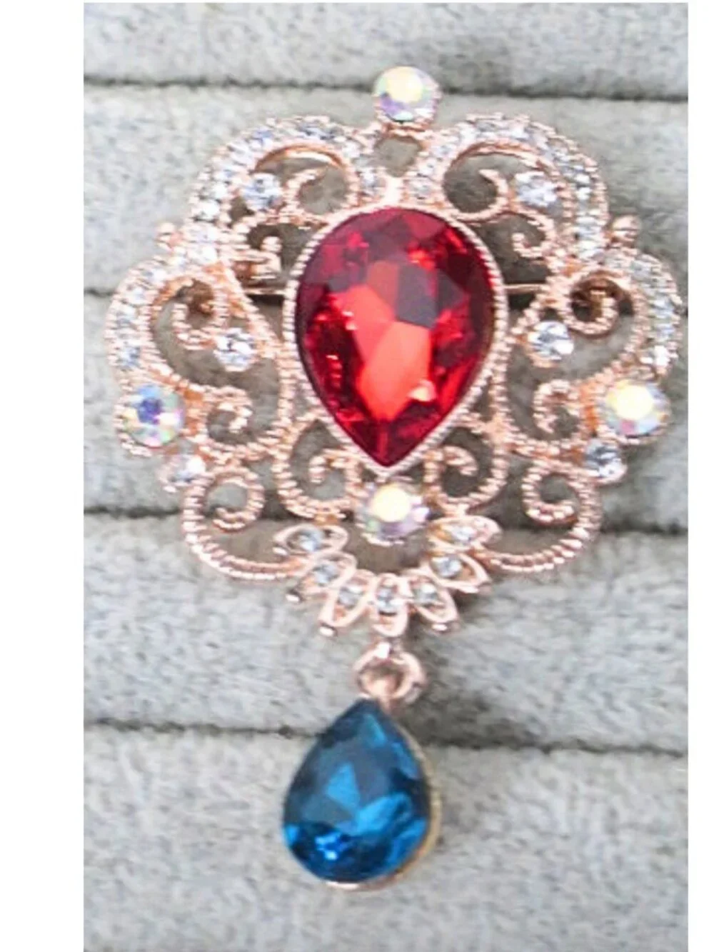 Rose Gold Tone Red & Blue Rhinestone Teardrop Dangle Brooch Pin